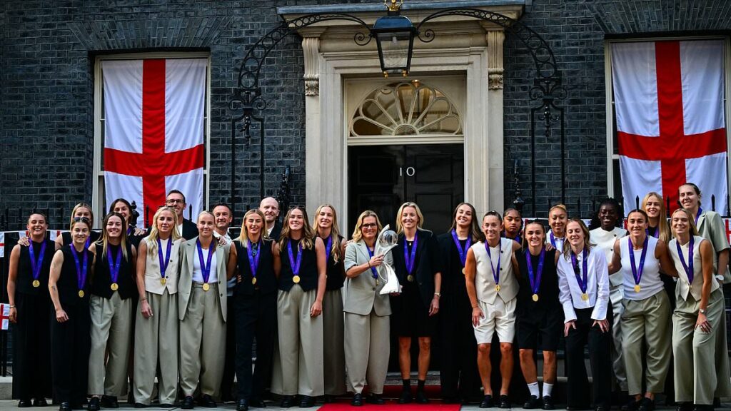 Lionesses are treated to No10 reception with Angela Rayner after arriving back in the UK to heroes' welcome after their history-making second Euros victory