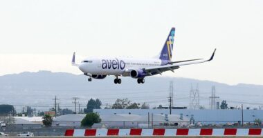 An Avelo Airlines aircraft is seen at Hollywood Burbank Airport on April 7, 2021. (Joe Scarnici/Getty Images for Avelo)
