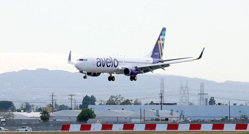 An Avelo Airlines aircraft is seen at Hollywood Burbank Airport on April 7, 2021. (Joe Scarnici/Getty Images for Avelo)