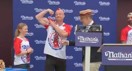Nathan's Hot Dog Eating Contest at Coney Island, NYC features Joey 'Jaws' Chestnut hoping for a comeback victory