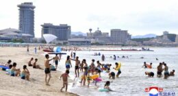 This photo provided on July 2, 2025, by the North Korean government, shows a beach resort in the Wonsan-Kalma eastern coastal tourist zone on July 1, 2025. (Korean Central News Agency/Korea News Service via AP)