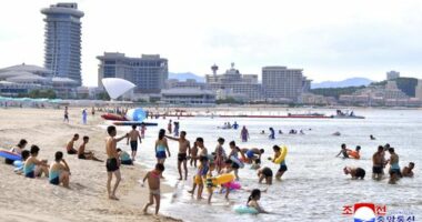 This photo provided on July 2, 2025, by the North Korean government, shows a beach resort in the Wonsan-Kalma eastern coastal tourist zone on July 1, 2025. (Korean Central News Agency/Korea News Service via AP)