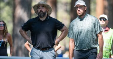On course with the Kelces: Travis and Jason sink beers, dodge bears and struggle for birdies... but there's no sign of Taylor Swift - yet!