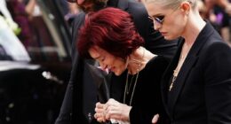 Ozzy Osbourne's family gather to lay him to rest in the grounds of his mansion in front of huge tongue-in-cheek sign with stars including Elton John among mourners