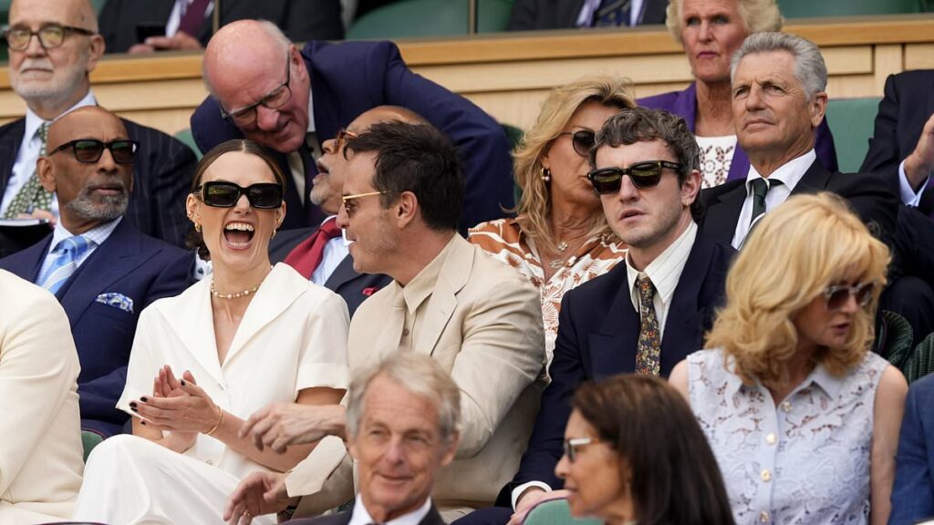 Paul Mescal and Andrew Scott laugh with Keira Knightley at Wimbledon