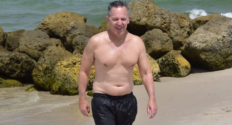 Paunchy Fox News star Greg Gutfeld shows his softer side as he soaks up sun with wife and newborn daughter