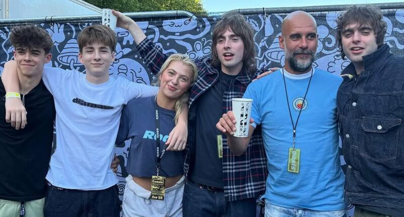 Pep Guardiola parties with the Gallagher family backstage before Oasis comeback gig - as he rocks a retro Man City shirt
