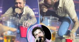 Post Malone takes nasty spill off concert stage while toasting fan with red Solo cup