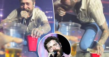 Post Malone takes nasty spill off concert stage while toasting fan with red Solo cup