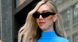 Pregnant Vanessa Kirby shows off her baby bump in a stylish blue midi dress as she steps out in New York to promote Fantastic Four film