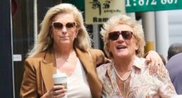 Rod Stewart, 80, and his wife Penny Lancaster, 54, look as loved-up as ever as they wrap their arms around each other on New York stroll