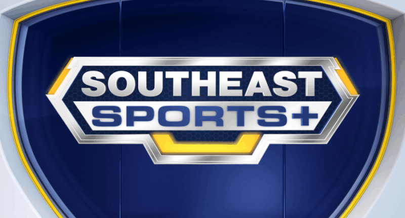 Southeast Sports+ Logo, with dark blue background and silver highlights