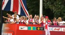 The champions of Europe! Victory parade kicks off as Lionesses party down the Mall on open-top bus
