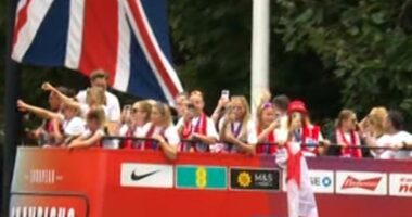 The champions of Europe! Victory parade kicks off as Lionesses party down the Mall on open-top bus