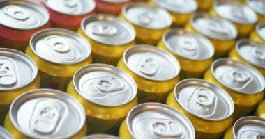 A row of soft drink cans.