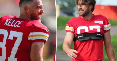 Travis Kelce debuts dramatic hair transformation at Chiefs training camp: ‘RIP the luscious locks’