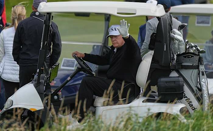 Trump plays golf in Scotland while protesters take to the streets and decry his visit