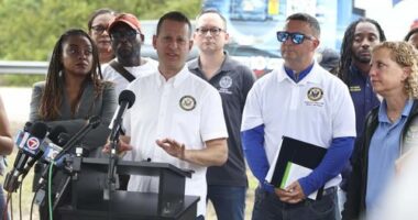 Republican politician Jared Moskowitz speaks during a news conference outside the migrant detention facility dubbed Alligator Alcatraz.