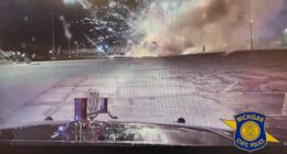 A still image from video posted by Michigan State Police shows a fire at a Haring Township firework tent. (Courtesy Michigan State Police)