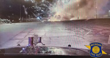 A still image from video posted by Michigan State Police shows a fire at a Haring Township firework tent. (Courtesy Michigan State Police)