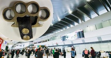 The knuckledusters seized at Perth Airport (inset) and the domestic terminal.