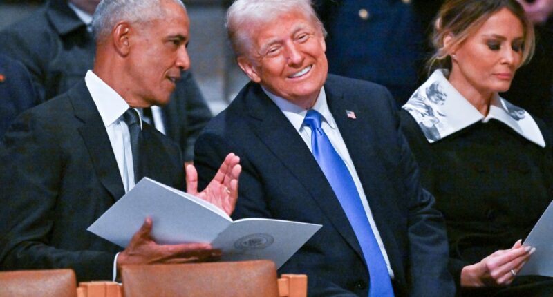 Barack Obama, Donald Trump, and Melania Trump at a state funeral.