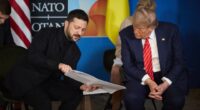Volodymyr Zelenskyy and Donald Trump seated at the NATO Summit.