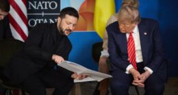 Volodymyr Zelenskyy and Donald Trump seated at the NATO Summit.
