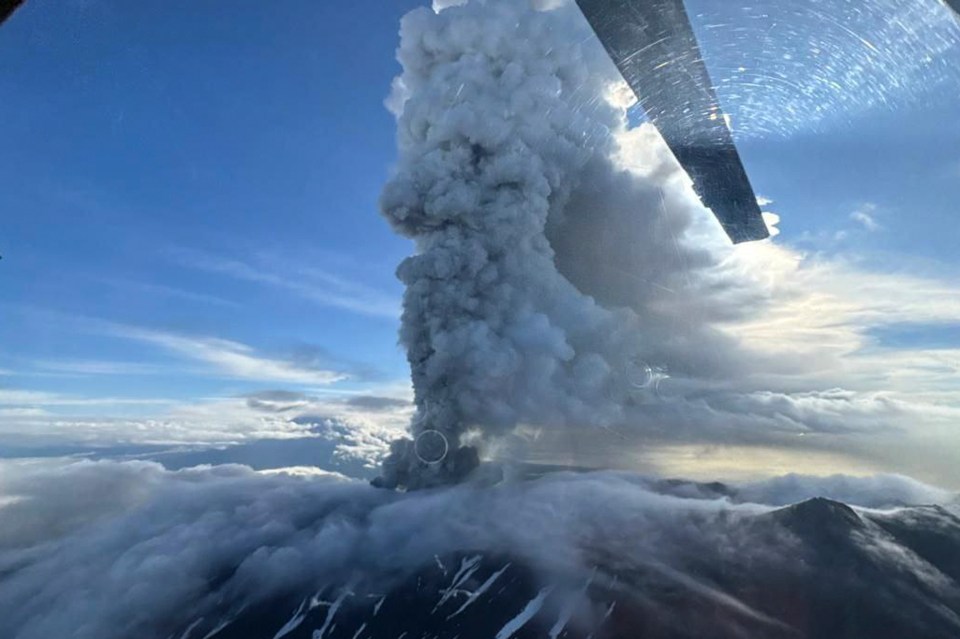 Aerial view of the Krasheninnikov Volcano erupting in Kamchatka, Russia.