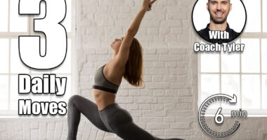 Sporty concentrated woman in grey sportswear, bra and leggings practicing yoga, standing in anjaneyasana pose, attractive girl doing Horse rider exercise, working out at home or in yoga studio. 3 Daily Movements That Keep Your Body 10 Years Younger After 44. Cover