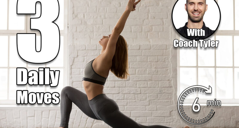 Sporty concentrated woman in grey sportswear, bra and leggings practicing yoga, standing in anjaneyasana pose, attractive girl doing Horse rider exercise, working out at home or in yoga studio. 3 Daily Movements That Keep Your Body 10 Years Younger After 44. Cover