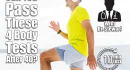 A man in a bright yellow shirt, wearing headphones and sunglasses, exercises outdoors in the sun, lifting one knee as part of a fitness routine. 4 Bodyweight Tests That Reveal Your True Fitness Age After 40. Cover