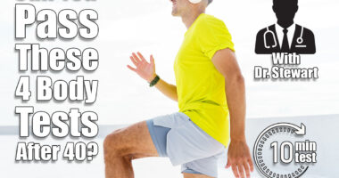 A man in a bright yellow shirt, wearing headphones and sunglasses, exercises outdoors in the sun, lifting one knee as part of a fitness routine. 4 Bodyweight Tests That Reveal Your True Fitness Age After 40. Cover