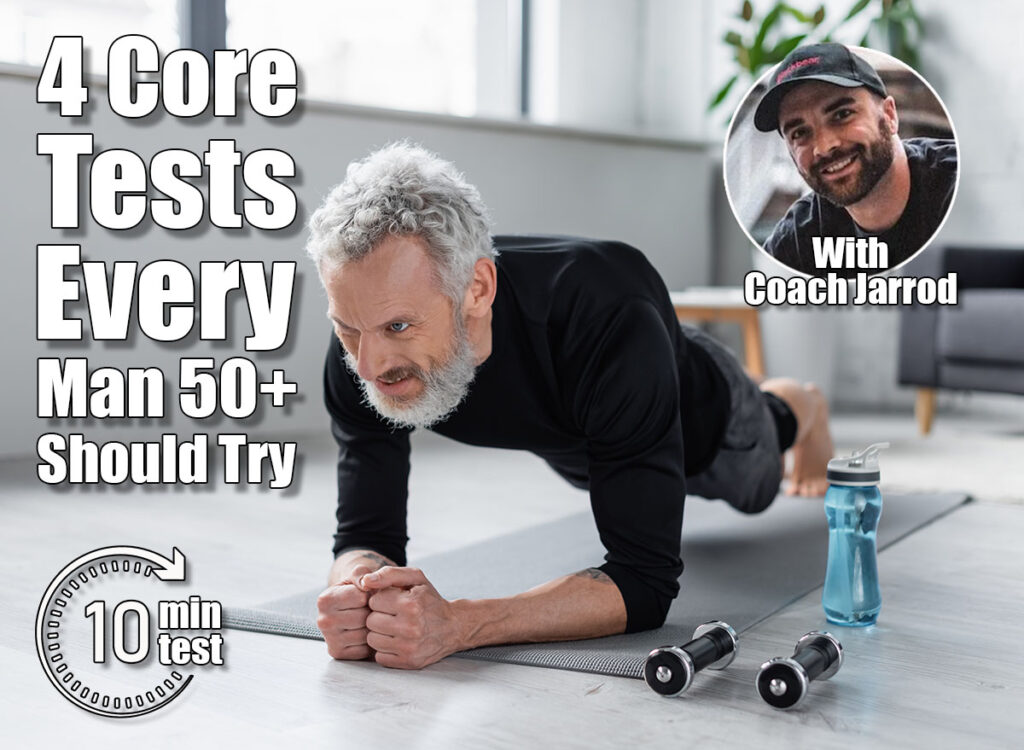 strong man with grey hair doing plank on fitness mat near dumbbells and sports bottle in living room. 4 Core Tests Every Man Over 50 Should Try Before It