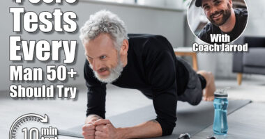 strong man with grey hair doing plank on fitness mat near dumbbells and sports bottle in living room. 4 Core Tests Every Man Over 50 Should Try Before It