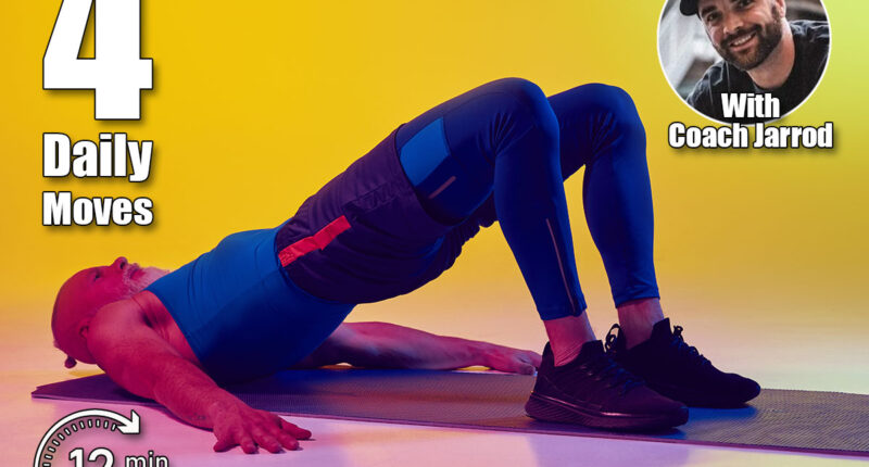 Senor man in sportswear lying on fitness mat and doing glute bridge exercise for fit lower body against gradient yellow background in neon. Concept of sport, active elderly lifestyle, health care. 4 Daily Exercises That Reverse Muscle Loss Faster Than the Gym. Cover