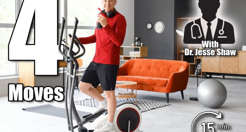 Sporty mature man with bottle of water training on elliptical trainer at home. 4 Low-Impact Moves Men Over 50 Should Do Every Day to Stay Strong. Cover