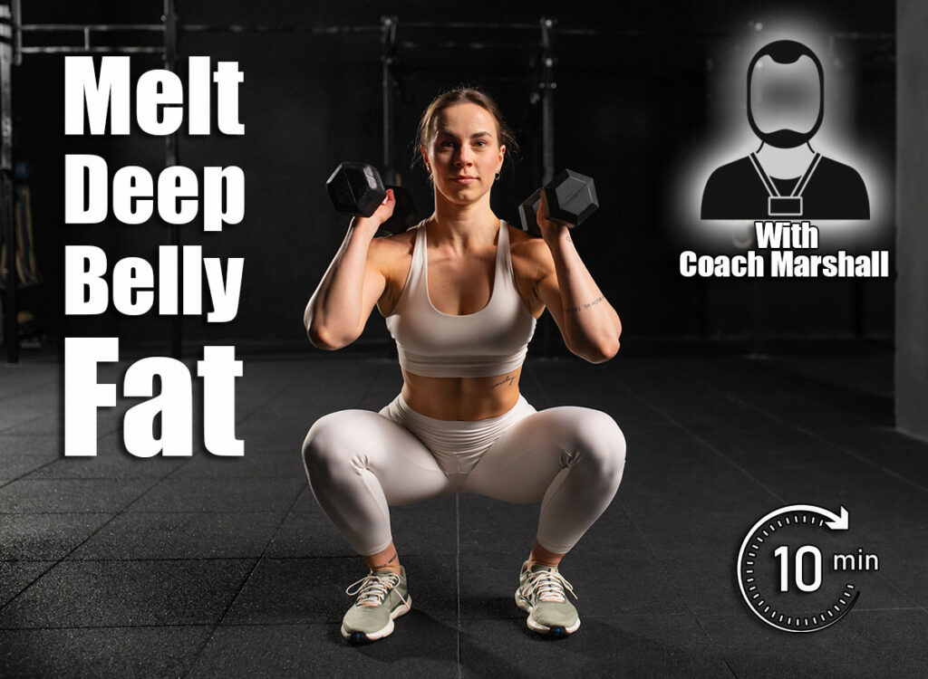 Woman performing racked dumbbell squat, holdinb dumbbells in both hands. Strength exercise. Routine workout for physical and mental health. 4 Moves That Melt the Deepest Layers of Belly Fat. Cover