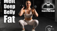 Woman performing racked dumbbell squat, holdinb dumbbells in both hands. Strength exercise. Routine workout for physical and mental health. 4 Moves That Melt the Deepest Layers of Belly Fat. Cover
