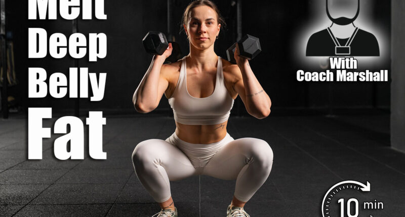 Woman performing racked dumbbell squat, holdinb dumbbells in both hands. Strength exercise. Routine workout for physical and mental health. 4 Moves That Melt the Deepest Layers of Belly Fat. Cover