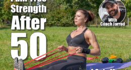 Muscular middle aged caucasian woman does seated row exercise for latissimus dorsi muscles using resistance band in city park on green grass. Black sportswear. Healthy lifestyle. Outdoor sport theme. 4 Pain-Free Exercises That Build Muscle Without Stress After 50, Say Experts. Cover