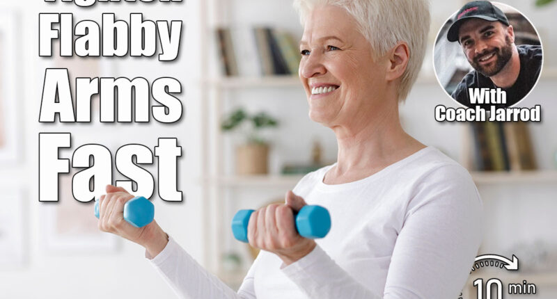 Gym At Home. Positive Aged Woman Training With Dumbbells In Living Room, Copy Space. 4 Simple Arm-Toning Moves That Tighten Flabby Arms in 30 Days After 45. Cover