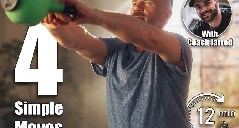 Strong Athletic Fit Senior Man Lifting and Swinging a Heavy Kettlebell, Doing Core Strengthening Exercises During Morning Workout at Home in Sunny Apartment. Concept of Health and Fitness. 4 Simple Moves That Torch Visceral Fat in Your 50s. Cover