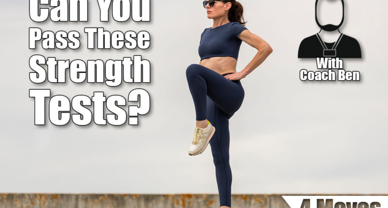 Sporty woman stretching leg muscles with standing single knee to chest stretch, 4 Standing Strength Tests Every Person Over 45 Should Master. Cover