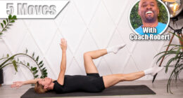 Sports training of a girl. Exercise dead bug. From the position of lying on the back alternately with the hand and foot. 5 Bodyweight Core Moves That Torch Belly Fat Faster Than Cardio After 40, cover