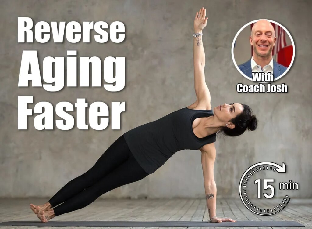 Young woman practicing yoga, doing Vasisthasana exercise, Side Plank pose, working out, wearing sportswear, black pants and top, indoor full length, gray wall in yoga studio. 5 Bodyweight Exercises That Reverse Aging Better Than Supplements After 50. Cover