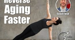 Young woman practicing yoga, doing Vasisthasana exercise, Side Plank pose, working out, wearing sportswear, black pants and top, indoor full length, gray wall in yoga studio. 5 Bodyweight Exercises That Reverse Aging Better Than Supplements After 50. Cover