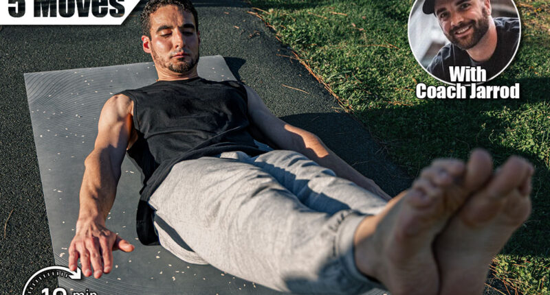 Focused athletic man holding hollow body pose outdoors on mat, demonstrating core engagement and body control during strength-focused fitness routine. 5 Bodyweight Moves That Build Core Power Faster Than Planks After 40. Cover