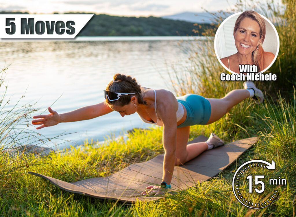 Young woman maintains balance and strengthens her core by practicing the bird-dog exercise on a yoga mat beside a tranquil lake at sunset. 5 Bodyweight Moves That Build Core Strength Better Than Gym Classes After 45. Cover