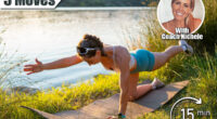 Young woman maintains balance and strengthens her core by practicing the bird-dog exercise on a yoga mat beside a tranquil lake at sunset. 5 Bodyweight Moves That Build Core Strength Better Than Gym Classes After 45. Cover